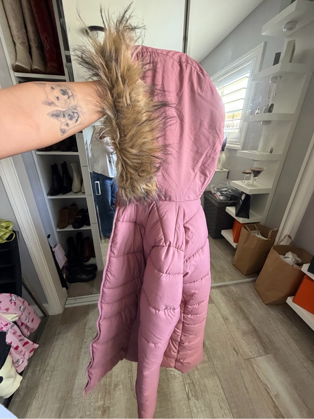 Women's Pulse snowboarding Pink Puffer Coat with Faux Fur Hood